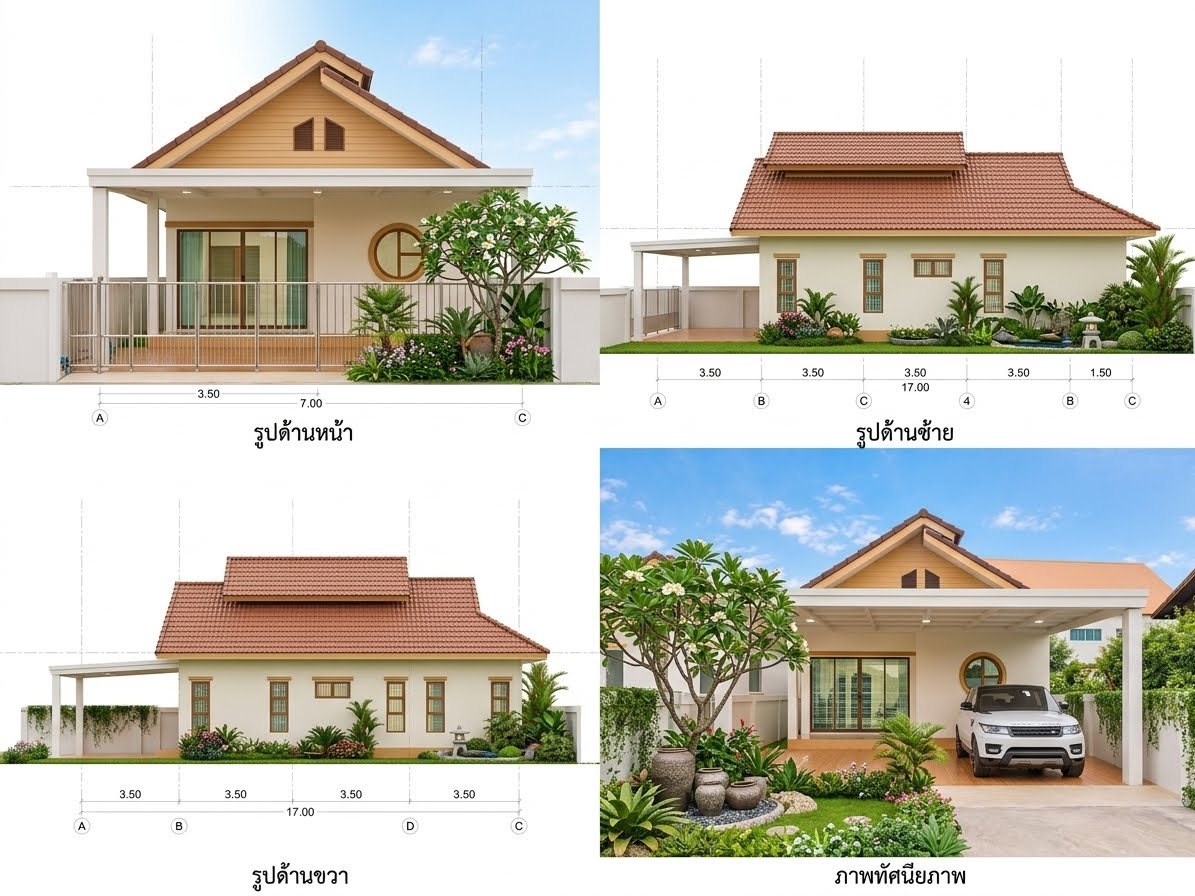 รูปด้านและภาพทัศนียภาพบ้านเดี่ยวชั้นเดียวแบบจั่วหน้าแคบ